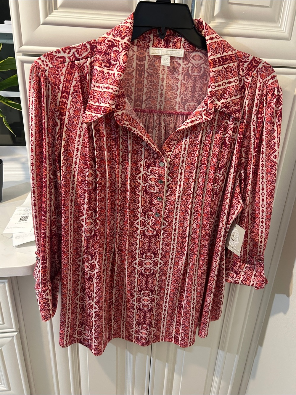 Red Printed Button-Front Tunic Top